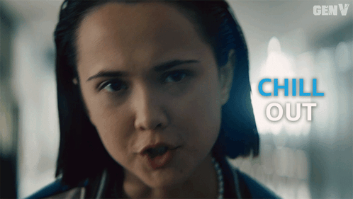 a close up of a woman 's face with the words chill out behind her