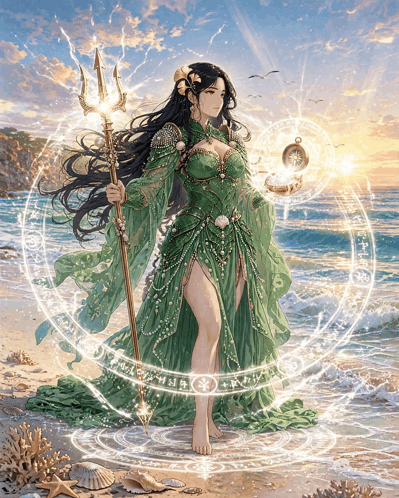 a woman in a green dress holds a trident and a compass