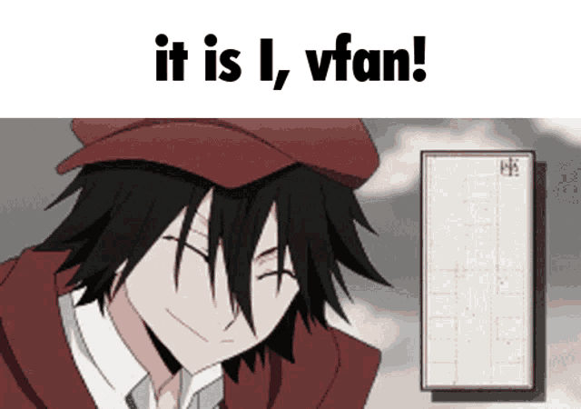 a man wearing a red hat is smiling in front of a sign that says " it is i vfan "