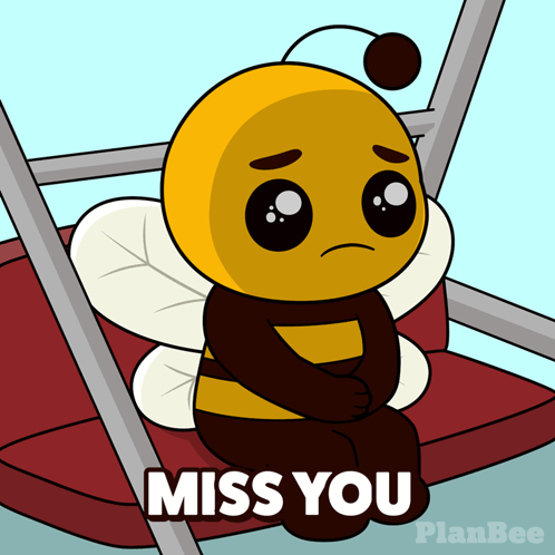 A sad bee sits on a swing with “MISS YOU.”