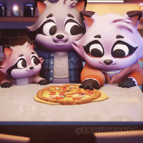 three raccoons are sitting around a pizza on a table