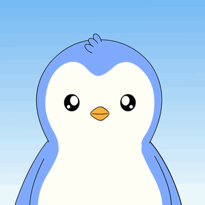 A blue cartoon penguin smiles against a sky-blue background.