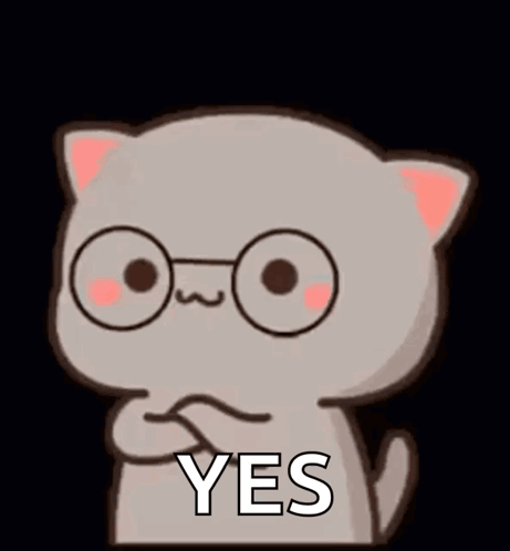A cartoon cat with glasses holds a “YES” sign.