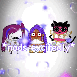 three cartoon characters are standing next to each other and the words excitedly are above them