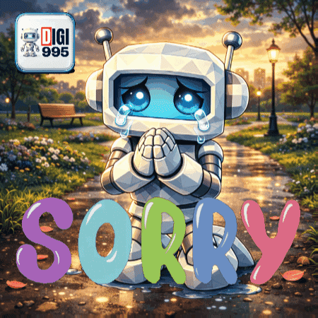 A small robot stands in a rainy garden beneath large “SORRY” text.