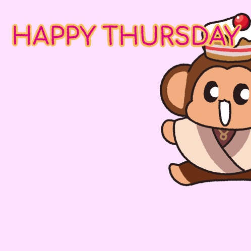 a cartoon monkey with a cake on its head and the words happy thursday