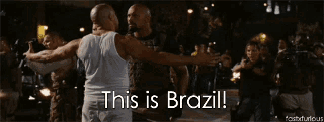 two men holding hands with the words " this is brazil " written below them