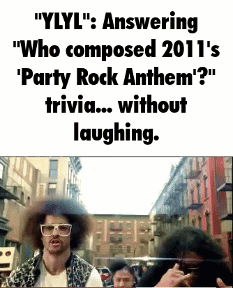 a man wearing sunglasses and a hat is answering a party rock anthem trivia without laughing .