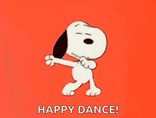 Snoopy dances on a red-orange background with the caption “HAPPY DANCE!”