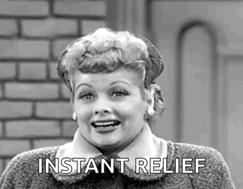 A smiling woman looks upward with the caption “INSTANT RELIEF”.