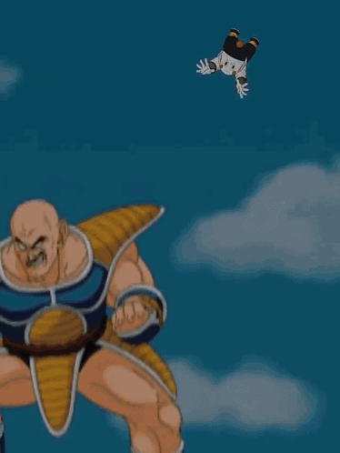 a cartoon of a man standing in front of a cartoon character flying in the sky