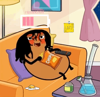 A cartoon woman with a cat-shaped face lounges on an orange couch holding a remote.