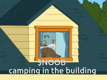 a cartoon of a house with the words $ noob camping in the building on the bottom