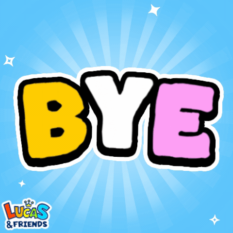 Large bubbly multicolor text reads “BYE” against a bright blue burst.