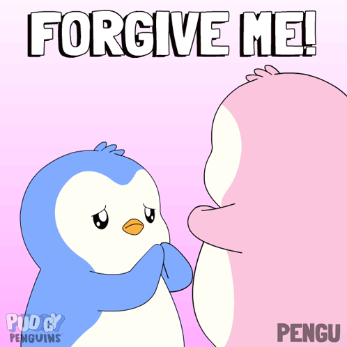 A blue penguin and pink character embrace beneath “FORGIVE ME!”
