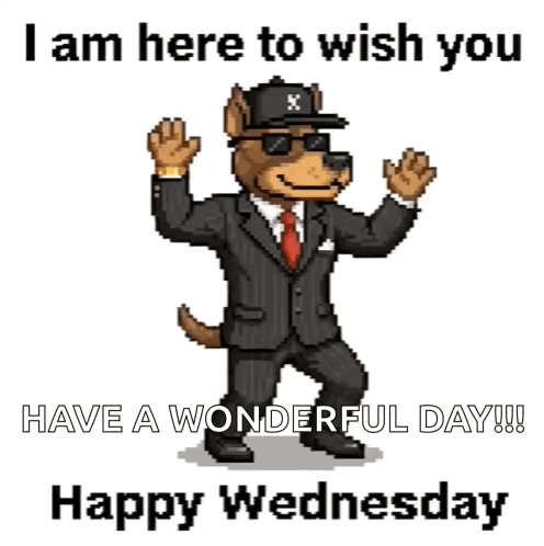a pixel art of a dog in a suit and hat wishing you a happy wednesday