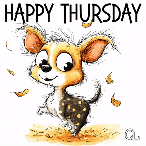 a happy thursday greeting card with a cartoon dog and leaves