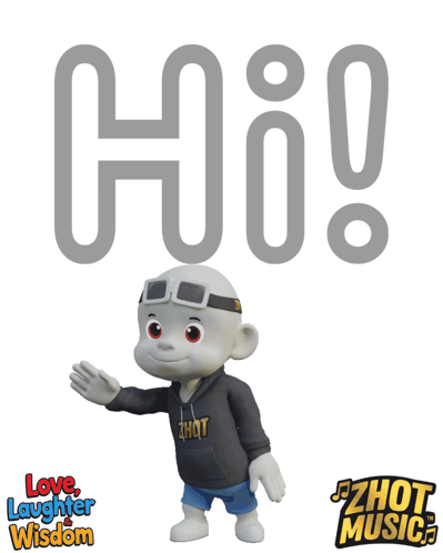 A gray cartoon dog in a uniform poses below oversized “Hii!” text.