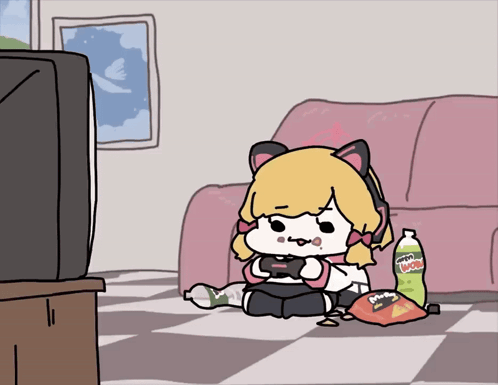 a cartoon of a girl playing a video game with pringles chips