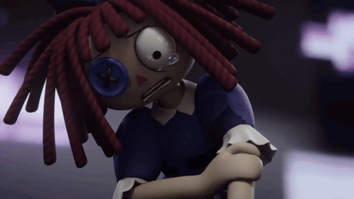 a cartoon doll with red hair and a blue button on her face