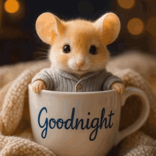 A tiny hamster sits in a teacup labeled “Goodnight.”