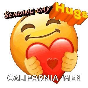 a smiley face is holding a red heart and says sending gay hugs california men