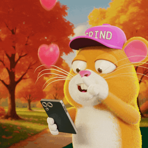 a cartoon mouse wearing a purple grind hat
