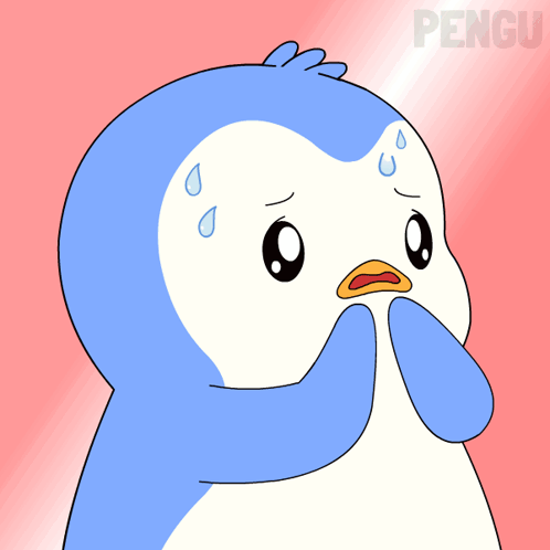 A blue cartoon penguin sweats anxiously against a pink background.