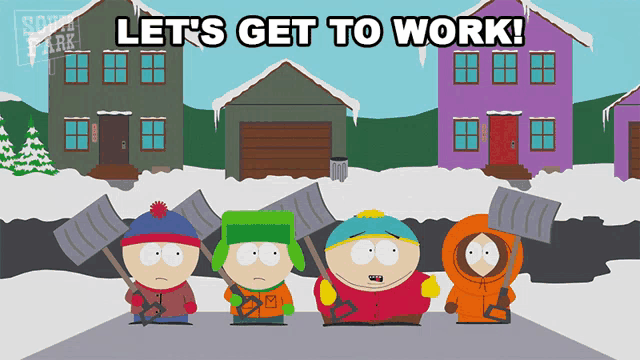 four south park characters holding snow shovels in front of snowy houses