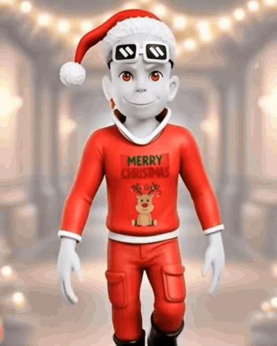 a cartoon character wearing a santa hat and sunglasses has a merry christmas sweater on