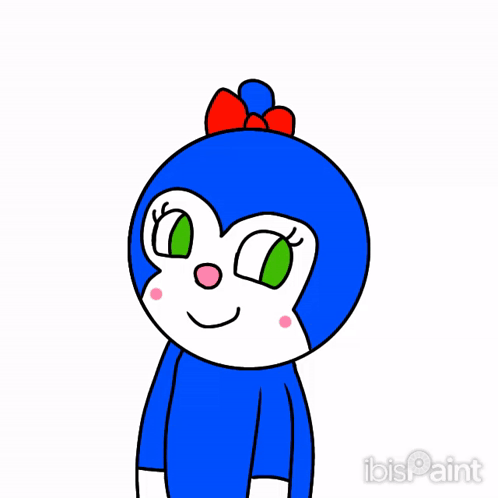 A blue Anpanman-style character winks with its tongue out.