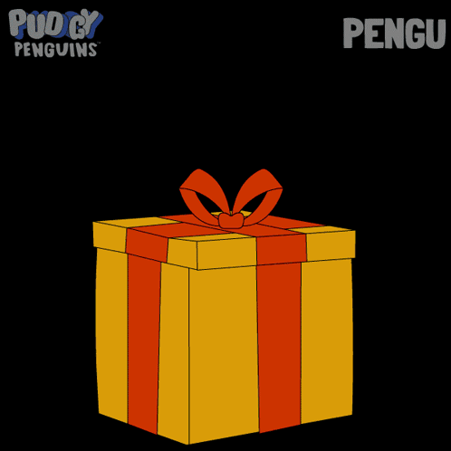 a cartoon of a penguin with a bomb coming out of a gift box that says puddy penguins on the bottom