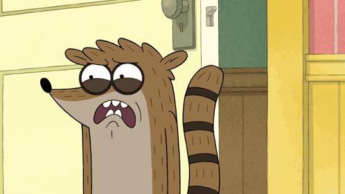 a cartoon raccoon is standing in front of a yellow door
