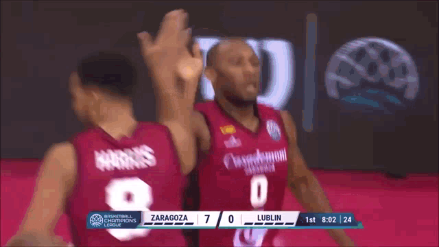 a basketball game between zaragoza and lublin with the score 7 to 0