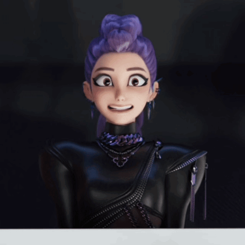 a cartoon character with purple hair is wearing a black leather outfit