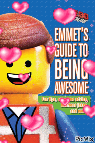 LEGO Emmet holds a heart-filled guide titled “Emmet’s guide to being awesome.”