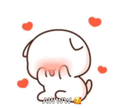 A white cartoon character bends shyly amid floating hearts with “AWWW.”