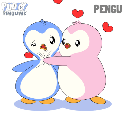 Two cartoon penguins stand together with red hearts floating above them.