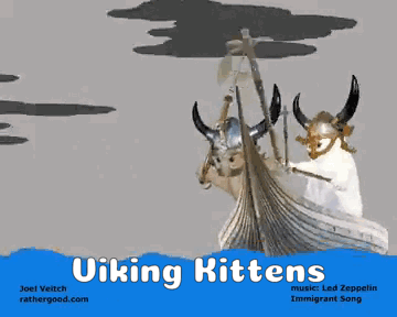 a cartoon of viking kittens with a speech bubble saying the hammer of the gods