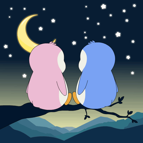 Pink and blue cartoon penguins sit together under a starry moonlit sky.