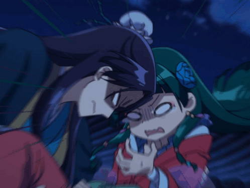 a cartoon character with green hair covering her face with her hand