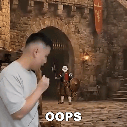 a man is standing in front of a castle holding a sword and shield and making a funny face .