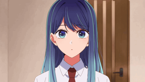 a girl with blue hair is wearing a white shirt and a tie