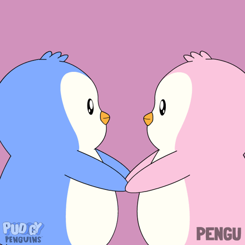 Two pastel penguins hold hands in a sweet sisterly hug.