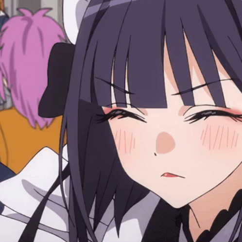 Marin Kitagawa from My Dress-Up Darling closes her eyes with an embarrassed, flustered expression.