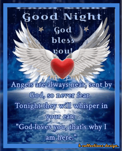 a good night greeting card with angels wings and a red heart