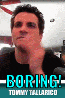 A man rests his head against his hand under a bold “BORING!” caption.