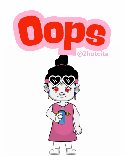 A cartoon girl in a pink dress stands shyly below a large bubbly “Oops.”