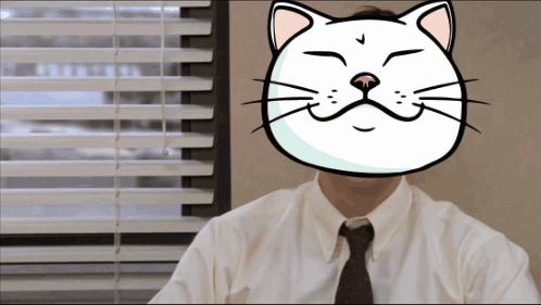 a man in a white shirt and tie with a cat face on his face