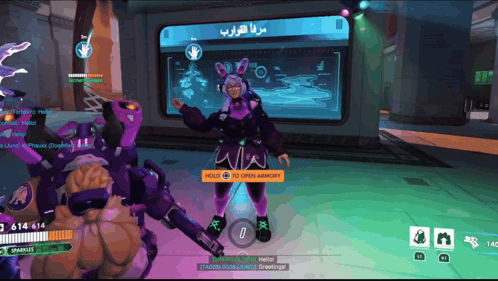 a person in a bunny costume is standing in front of a monitor that says hold to open armory